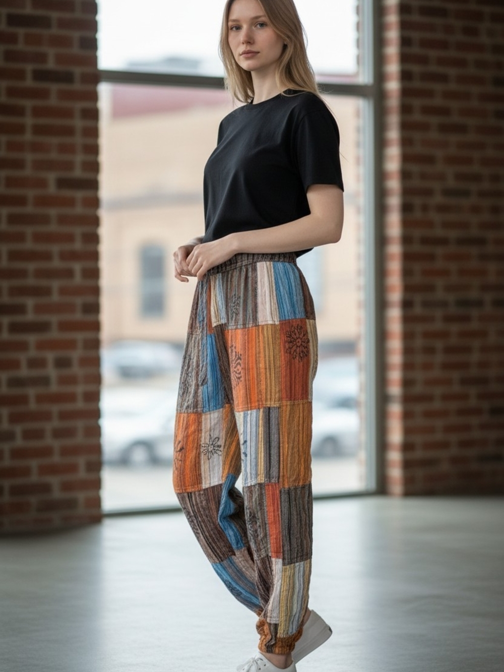 East Meets West Patchwork Hippie Pants Boho Wide Leg Nepal Cotton OS.